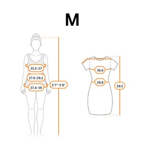 Puede incluir: Una tabla de medidas de ropa talla M con un dibujo lineal de una figura humana y un vestido. La figura muestra una altura de 170-175 cm y medidas corporales de 90-94, 70-74 y 95-99 cm. El vestido muestra una longitud de 151 cm y medidas de ancho.