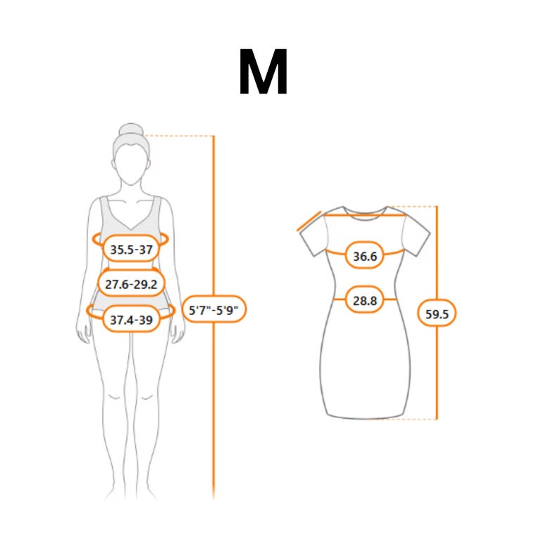 Puede incluir: Una tabla de medidas de ropa talla M con un dibujo lineal de una figura humana y un vestido. La figura muestra una altura de 170-175 cm y medidas corporales de 90-94, 70-74 y 95-99 cm. El vestido muestra una longitud de 151 cm y medidas de ancho.