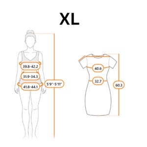 Puede incluir: Una tabla de medidas de ropa talla XL con el contorno negro de una figura humana y un vestido. La tabla muestra rangos de altura de 5'9"-5'11" y medidas corporales de 39.8-42.2, 31.9-34.3 y 41.8-44.1, junto con medidas de vestido de 40.6, 32.7 y 60.3.