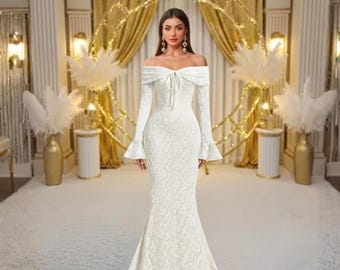 White Off Shoulder Mermaid Dress, Jacquard Long Sleeve Formal Gown, Elegant Tie Front Maxi Dress, Wedding Guest Evening Party Dress