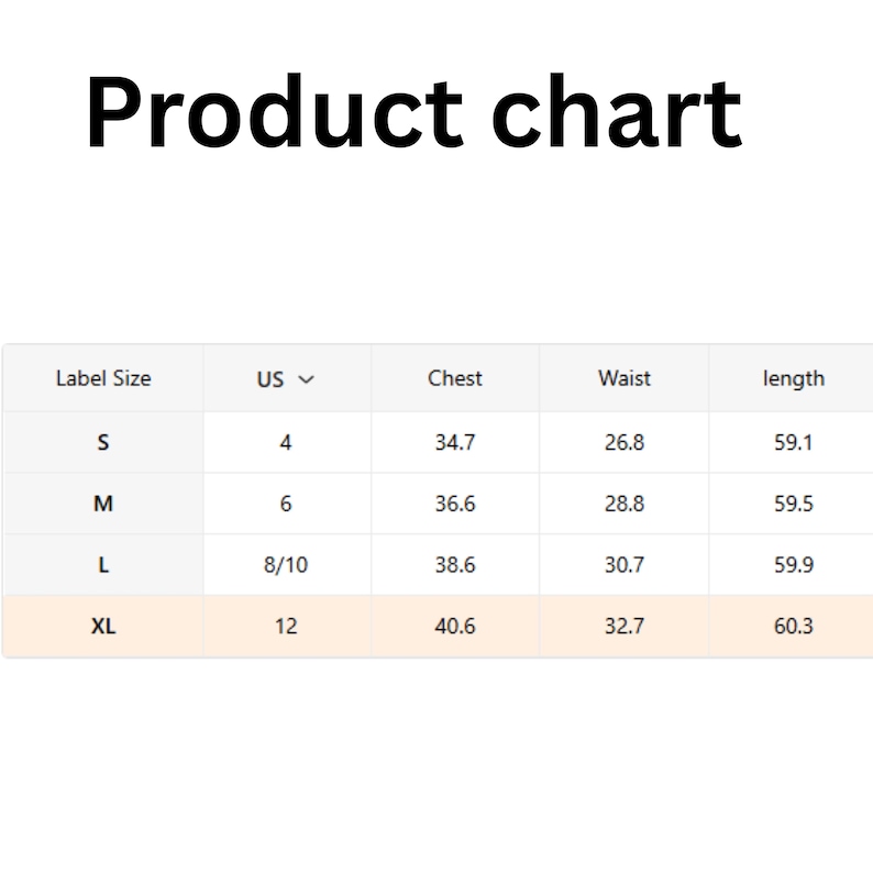 Puede incluir: Una tabla de productos que muestra informaci&oacute;n de tallas. La tabla incluye columnas para la talla de la etiqueta, talla de EE. UU., pecho, cintura y longitud en pulgadas. Las filas enumeran las tallas S, M, L y XL con valores num&eacute;ricos.