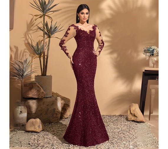 blue dress for baby girl Mermaid Burgundy Sequin Lace Dress – Lisposa main image 0