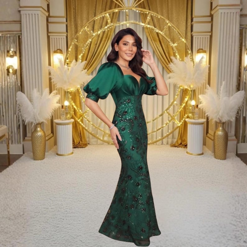 Women's satin formal maxi dress with sequin patchwork, directional V neckline, lantern sleeves and a waist defining fit. A timeless evening gown designed for prom, engagement parties, banquets, galas and upscale events.