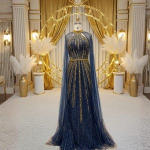 slim fit dress slacks Unique v neck blue embroidery long prom dress, sweet 16 dress – dresstby main image 1