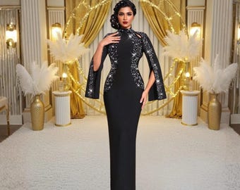 Luxury Beaded Evening Gown for Women, Cape Sleeve Formal Dress, Backless Embroidered Wedding Guest Dress, Elegant Prom Maxi Gown