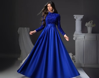 Elegant Navy Blue Sequin Mermaid Gown – Long Sleeve Formal Dress