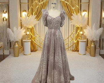 Luxus Perlen Spitze A-Line Puff Ärmel Abendkleid, Sweetheart Ausschnitt Abendkleid, Hellgrün Rosa Couture Bodenlanges Prinzessinnenkleid