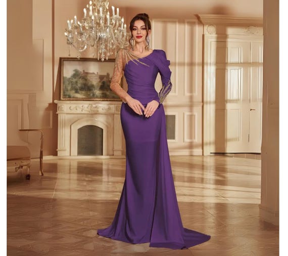 strapless open back dress Ruched One-Shoulder Long Sequin Prom Dress