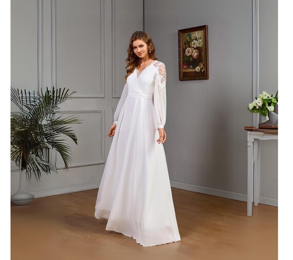lace stitching dress Lace Stitching Long Waist Noble Evening Dress Chiffon Wedding Dress