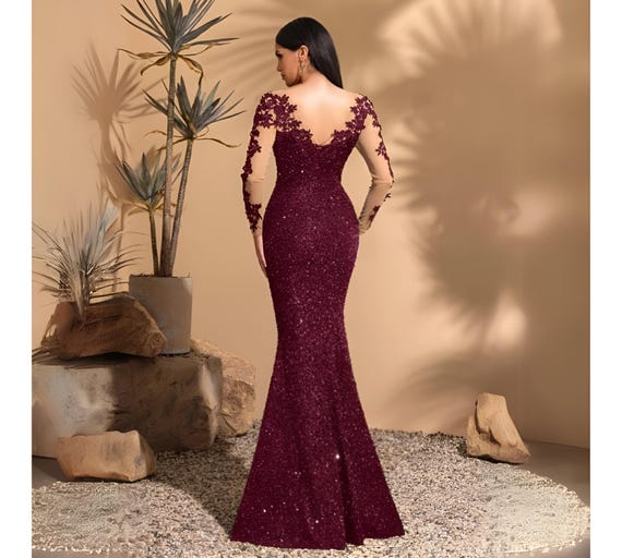 Burgundy Sequin Mermaid Gown: Floral Lace Appliqu Evening Dress - Etsy Burgundy Sequin Mermaid Gown: Floral Lace Appliqu Evening Dress - Etsy