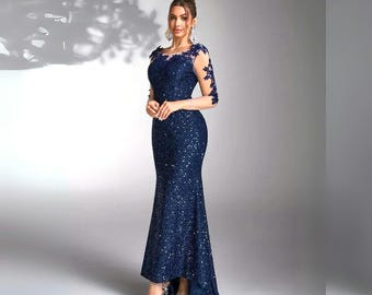 Vestido de dama de honor azul marino con lentejuelas para mujer – Elegante vestido formal, mangas largas, para todas las estaciones.