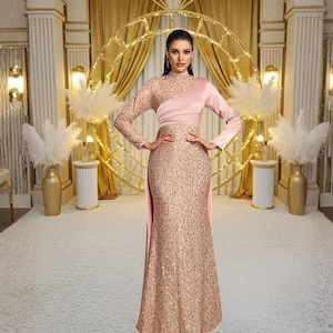knit sequin long sleeve dress in pink Knit Sequin Long Sleeve Dress in Pink
