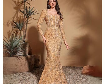 slim fit dress slacks Wedtrend Women Glitter Champagne Prom Dress with Sequins Mermaid Halter Open Back Long Party Dress, Champagne / US16 main image 1