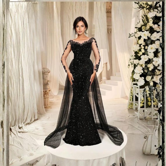 Black Evening Gown Flattering Flowy Train Quality Fabric Prom Wedding Gala  Party Special Occasions - Etsy