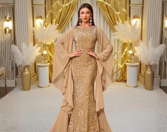 Vestido ajustado de cuello redondo y mangas de gasa, elegante y a la moda, vestido largo para mujer, vestido de fiesta, nuevo estilo 2025, vestido de novia para mujer