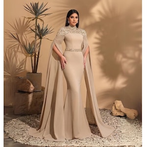 gold evening dress with sleeves Short-Sleeve Long Satin Formal Dress with Beads Gold / 14