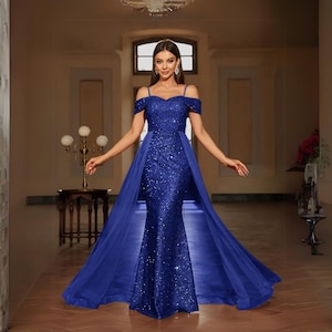 Elegant Blue Sequin Prom Dress: Off-Shoulder Evening Gown