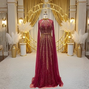 Burgunder Abendkleid Frauen, Elegantes Perlen Maxikleid, Langarm Abendkleider, Hochzeitsgast Kleid, Luxus Party Kleider