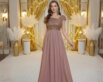 Elegant Sleeveless Bridal Toast Dress for Women, Asymmetrical Neck Long Ball Gown, Wedding Hostess & Bridesmaid Evening Dress