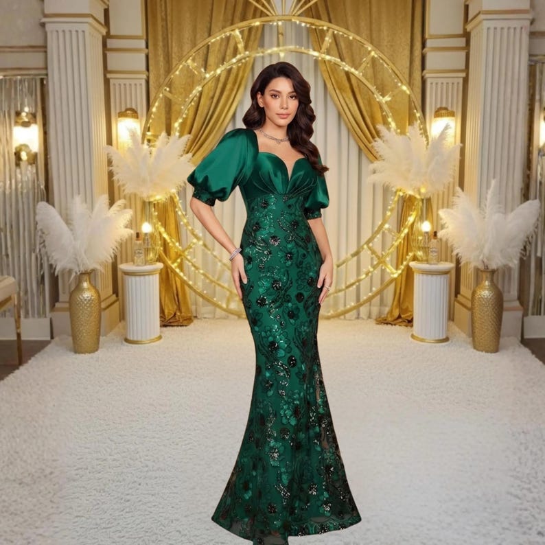 Random Cut Elegant Directional V-Neck Half Sleeve Lantern Sleeves Sequin Patchwork Satin Waist Cinched Maxi Gown