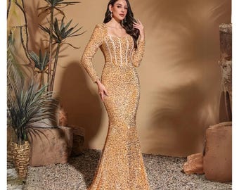 Gold Sequin Mermaid Gown: Elegant Long Sleeve Formal Dress - Etsy