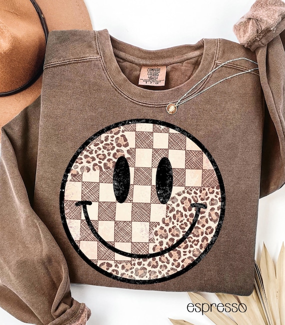 Comfort Colors retro smiley face t-shirt, leopard print shirt, checkered smiley face sweatshirt, gift for her, Women's t-shirt, smiley face