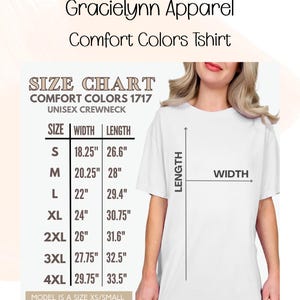 Pode incluir: Uma t-shirt branca de gola redonda exibida ao lado de uma tabela de tamanhos intitulada Gracielynn Apparel Comfort Colors Tshirt. A tabela lista os tamanhos de S a 4XL com medidas de largura e comprimento em polegadas, de 18,25 a 33,5 polegadas.