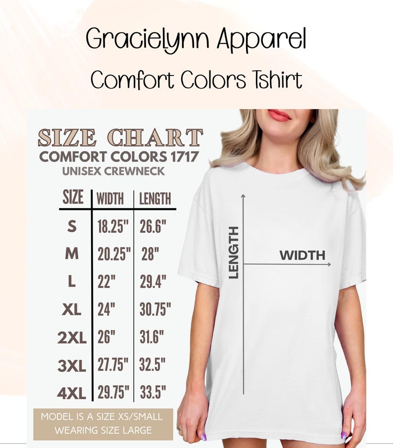 Pode incluir: Uma t-shirt branca de gola redonda exibida ao lado de uma tabela de tamanhos intitulada Gracielynn Apparel Comfort Colors Tshirt. A tabela lista os tamanhos de S a 4XL com medidas de largura e comprimento em polegadas, de 18,25 a 33,5 polegadas.