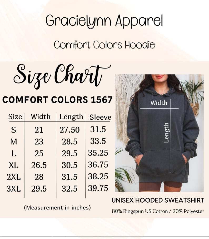 Pode incluir: Uma tabela de tamanhos para o moletom com capuz Comfort Colors 1567 da Gracielynn Apparel. A tabela lista os tamanhos de P a 3GG com medidas em polegadas. Um moletom cinza escuro &eacute; exibido com indicadores de largura e comprimento.