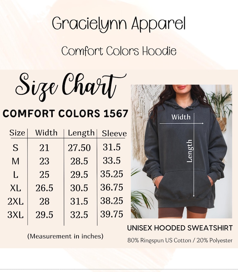 Puede incluir: Sudadera con capucha unisex Comfort Colors gris oscuro con bolsillo delantero, mostrada con una tabla de tallas. La tabla muestra medidas en pulgadas para tallas S a 3XL. La sudadera est&aacute; hecha de 80% algod&oacute;n Ringspun US y 20% poli&eacute;ster. Marca: Gracielynn Apparel.