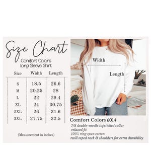 Pode incluir: Uma tabela de tamanhos para uma camisa de manga comprida Comfort Colors, exibindo medidas de largura e comprimento em polegadas para tamanhos de P a 3GG. A tabela inclui um guia visual em uma camisa branca e lista detalhes do produto: gola com costura dupla 7/8, ajuste relaxado, 100% algod&atilde;o fiado em anel e pesco&ccedil;o e ombros refor&ccedil;ados com fita de sarja.