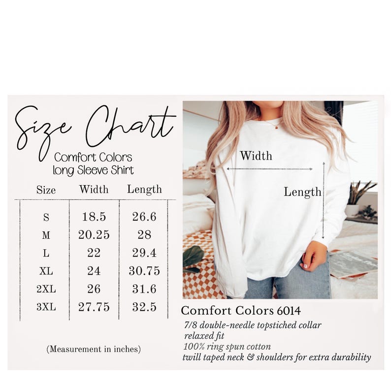 Pode incluir: Uma tabela de tamanhos para uma camisa de manga comprida Comfort Colors, exibindo medidas de largura e comprimento em polegadas para tamanhos de P a 3GG. A tabela inclui um guia visual em uma camisa branca e lista detalhes do produto: gola com costura dupla 7/8, ajuste relaxado, 100% algod&atilde;o fiado em anel e pesco&ccedil;o e ombros refor&ccedil;ados com fita de sarja.