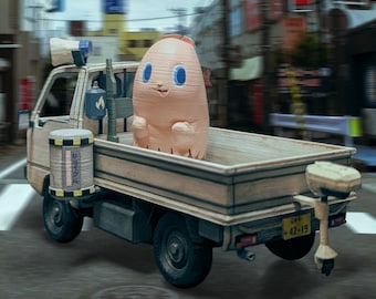 May include: A beige pickup truck with a cartoon character in the bed, driving down a city street. The character is a light brown, sausage-shaped figure with blue eyes. The truck has a small motor attached to the back.