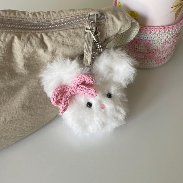 Crochet Bow Bunny Keychain: Handmade Plush Bag Charm