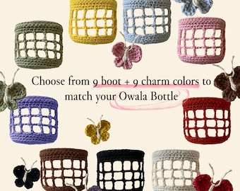 Crochet Water Bottle Boot for Owala: Multi Color Tumbler Sleeve, Butterfly Charm