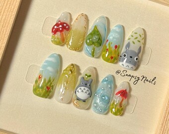 3D Forest Spirit Press-On Nails: Handmade Spring Nature Character