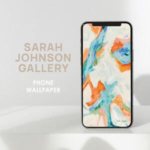 May include: A phone wallpaper with an abstract design featuring blue, orange, and white paint strokes. The wallpaper is titled "Sarah Johnson" in the bottom right corner.