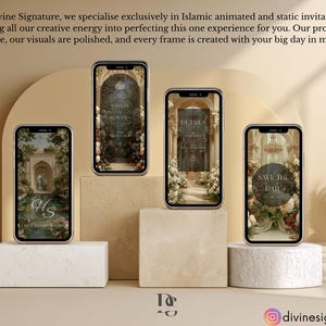 May include: Four smartphones displaying Islamic wedding invitation designs. The screens showcase floral and architectural themes with text elements like "Details" and "Save the Date." The background is a neutral beige with decorative elements.