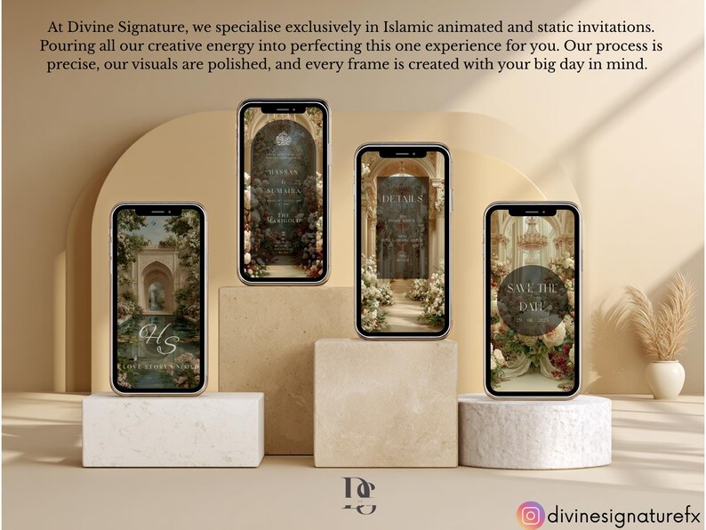 May include: Four smartphones displaying Islamic wedding invitation designs. The screens showcase floral and architectural themes with text elements like "Details" and "Save the Date." The background is a neutral beige with decorative elements.