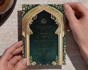 Arabesque Emerald Green Islamische Digitale Blumen Hochzeitseinladung Gold Nikah/Walima E-Invite Instant Download Benutzerdefinierte Einladung Bogen Design