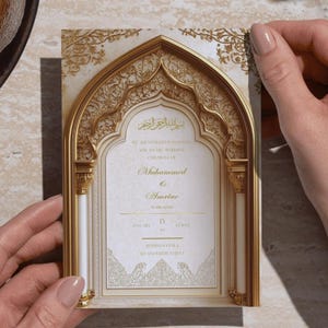 Invitación digital floral islámica de boda con diseño arabesco en beige y dorado, con diseño Nikah/Walima beige, descarga instantánea, diseño de arco, pakistaní y árabe.