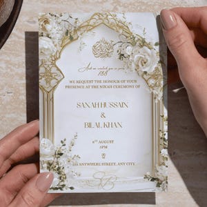 Arabesque Gold Arch Islamic Digital White Roses Wedding Invite Beige Nikah/Walima E-Invite Instant Download Pakistani Modern Arabic Design
