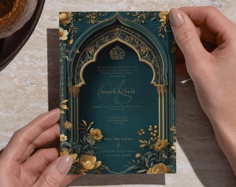 Arabesque Emerald Green Islamische Digitale Blumen Hochzeitseinladung Gold Nikah/Walima E-Invite Instant Download Benutzerdefinierte Einladung Bogen Design