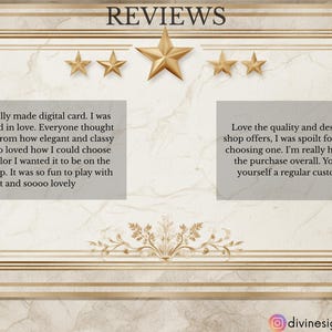 May include: Image featuring the word "REVIEWS" at the top, with gold stars and customer testimonials. The background has a marble effect with gold accents. The text includes positive feedback about a digital card and shop designs.