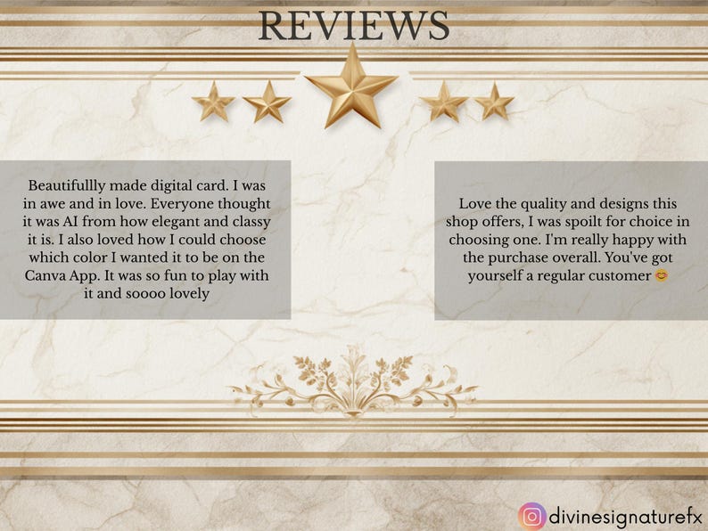 May include: Image featuring the word "REVIEWS" at the top, with gold stars and customer testimonials. The background has a marble effect with gold accents. The text includes positive feedback about a digital card and shop designs.