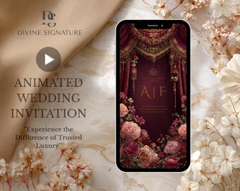 Arabesque Pink Flowers Islamic Digital Wedding Invitation Video Nikah/Walima E-Invite Instant Download Custom Invitation Burgundy Design