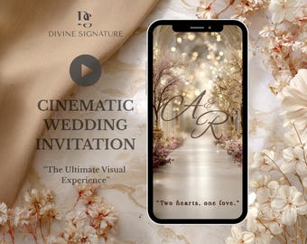 May include: A smartphone displays a wedding invitation design. The screen shows a pathway with floral arrangements and the initials "A & R". Text on the phone reads "Two hearts, one love." The background features the text "CINEMATIC WEDDING INVITATION".