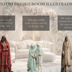 May include: An illustration for custom bride and groom designs. The image features several couples in traditional wedding attire, with text overlaying the image. The text reads "Custom Bride/Groom Illustration".