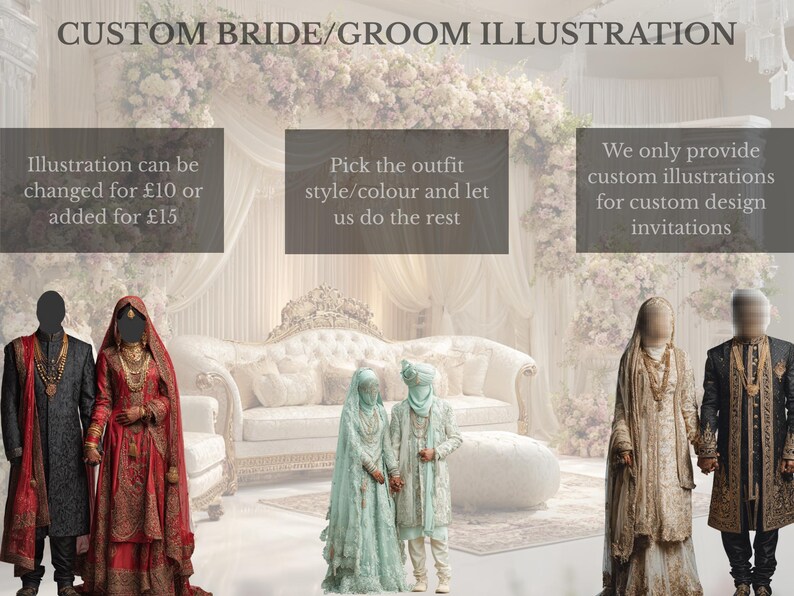 May include: An illustration for custom bride and groom designs. The image features several couples in traditional wedding attire, with text overlaying the image. The text reads "Custom Bride/Groom Illustration".