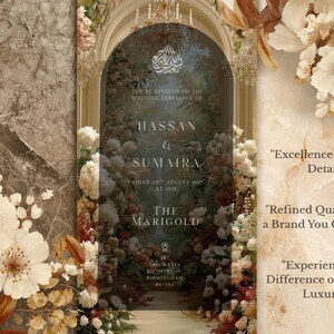 May include: Elegant wedding invitation featuring floral arrangements and gold accents. The invitation includes the names Hassan & Sumaira, the date, time, and venue, "The Marigold". The design incorporates text: "Excellence in Every Detail".